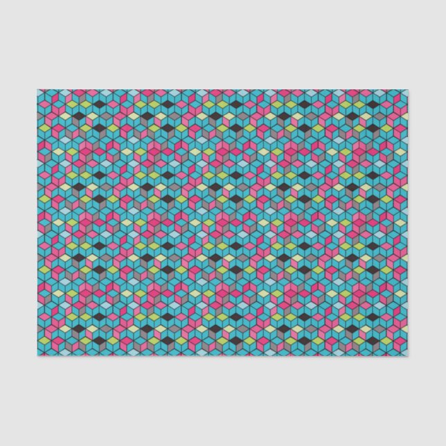 Papier Mousseline Turquoise et motif rose de cube (Recto)