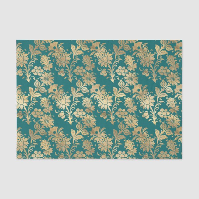 Papier Mousseline Turquoise et or Foil Floral Damask (Recto)
