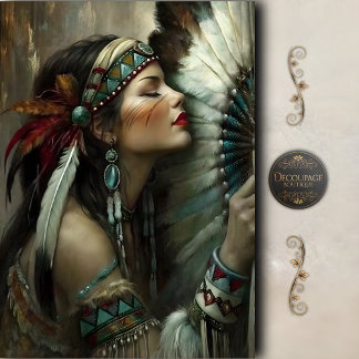 Papier Mousseline Turquoise Native Woman Fan Decoupage