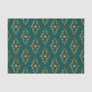 Papier Mousseline Turquoise vintage et or Heraldique Princesse Motif