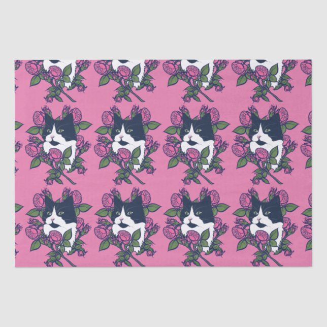 Papier Mousseline Tuxedo Cat Peony Floral Art Tuxie Cats (Recto)