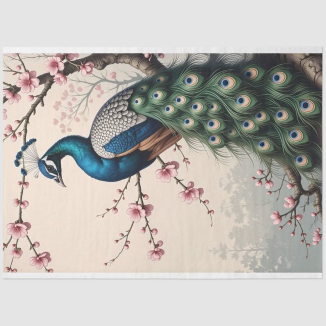 Papier Mousseline Un paon dans une page de découpage d'arbre à fleur (Recto)