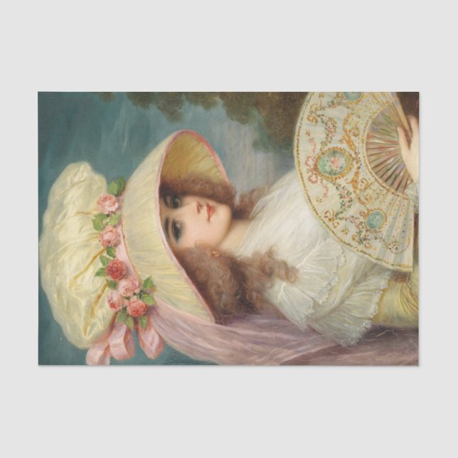 Papier Mousseline Une dame avec Casquette Rose et ventilateur par Lu (Recto)