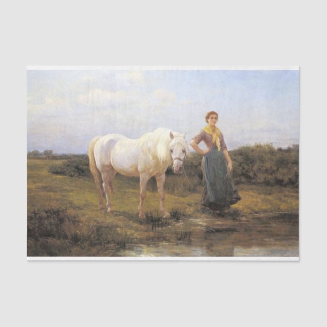 Papier Mousseline Une femme de la campagne prend un cheval à l'eau (Recto)