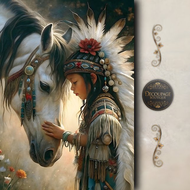 Papier Mousseline Une fille autochtone avec un chevalier blanc décou (Native Girl with White Horse)