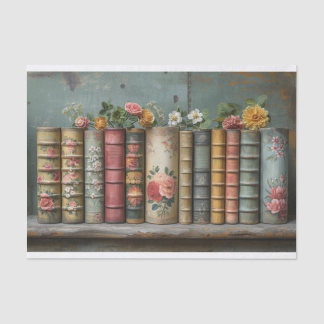 Papier Mousseline Une rangée d'anciens livres aux fleurs embellies (Recto)