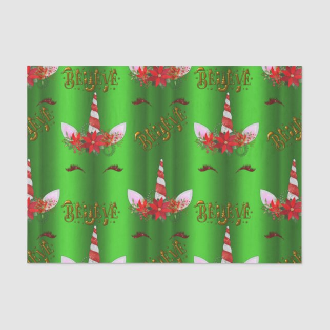 Papier Mousseline Unicorn Christmas Believe Green (Recto)