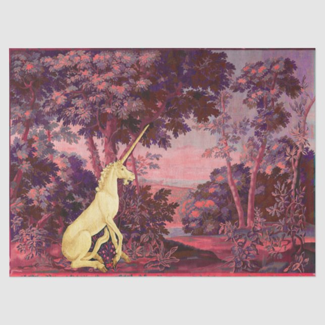 Papier Mousseline UNICORN EN PAYSAGE EN BOIS, ARBRES, Bleu rose (Recto)