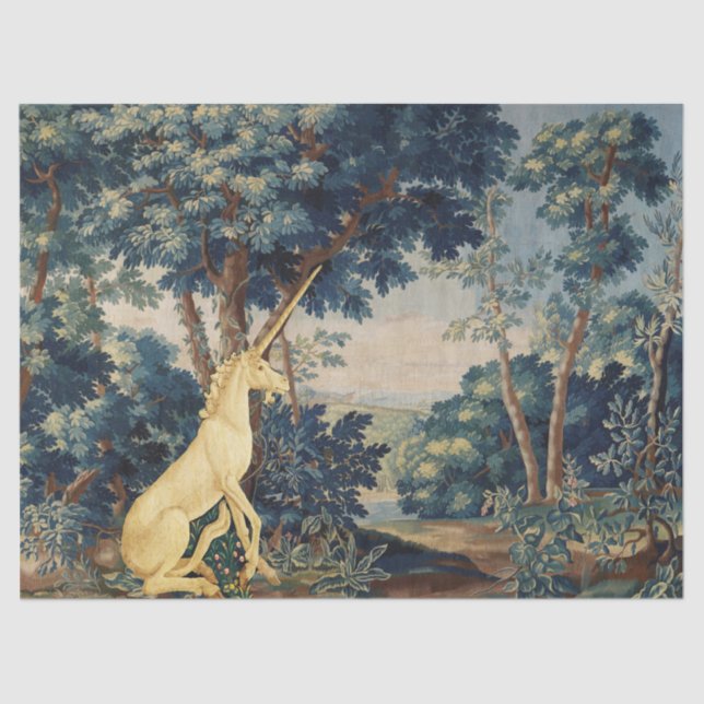 PAPIER MOUSSELINE UNICORN EN PAYSAGE EN BOIS, ARBRES, VERDURE (Recto)