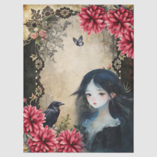 Papier Mousseline Unique Elégant Asiatique Gothique Girl Jardin Flor