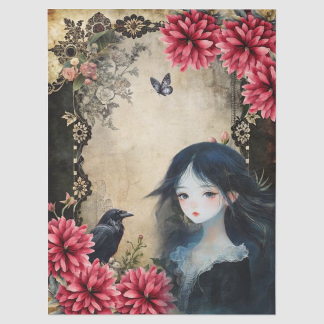 Papier Mousseline Unique Elégant Asiatique Gothique Girl Jardin Flor (Recto)