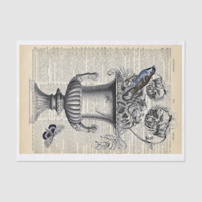 Papier Mousseline Urne florale avec oiseau et papillon sur la page d (Recto)