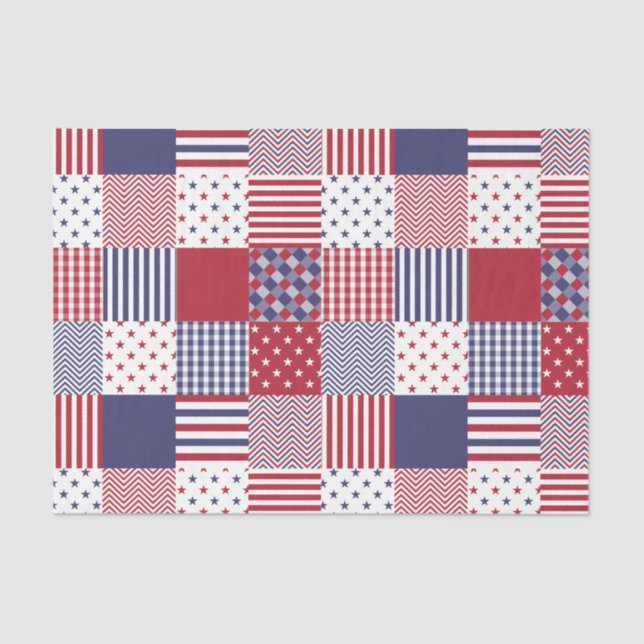 Papier Mousseline USA Americana Patchwork Rouge Blanc & Bleu (Recto)