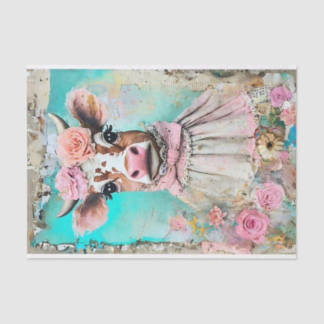 Papier Mousseline Vache chic Shabby avec découpage aux couleurs past (Recto)