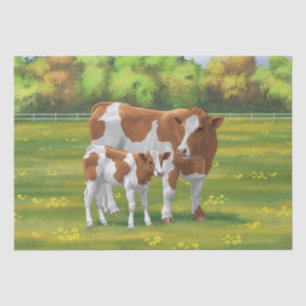 Papier Mousseline Vache de Guernesey et veau mignon dans les pâturag