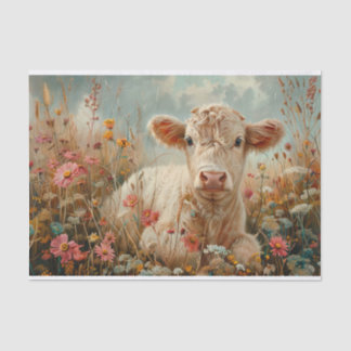 Papier Mousseline Vache des Highlands mignonne avec fleurs sauvages 