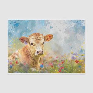 Papier Mousseline Vache des Highlands mignonne avec fleurs sauvages 