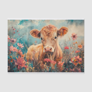 Papier Mousseline Vache des Highlands mignonne avec fleurs sauvages 