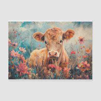 Papier Mousseline Vache des Highlands mignonne avec fleurs sauvages 