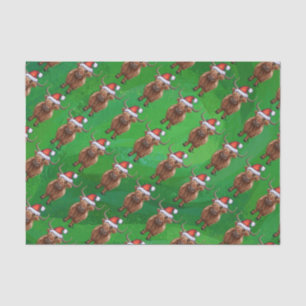 Papier Mousseline Vache Highland à Santa Hat Motif sur vert