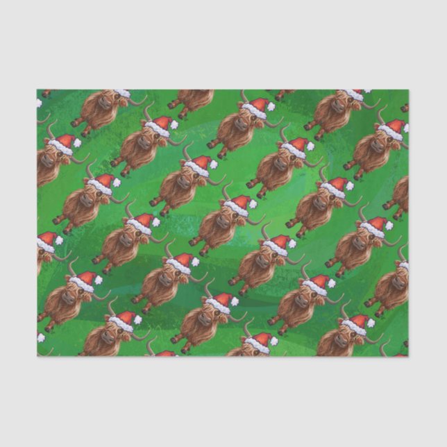 Papier Mousseline Vache Highland à Santa Hat Motif sur vert (Recto)
