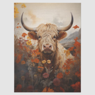 Papier Mousseline Vache Highland vintage dans un découpage de fleurs