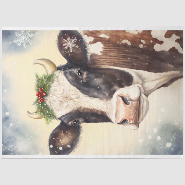 Papier Mousseline Vache hiver Aquarelle de Noël (Recto)