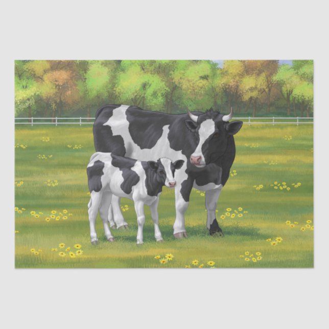 Papier Mousseline Vache Holstein et veau mignon en pâturage d'été (Recto)