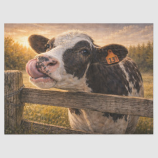 Papier Mousseline Vache noire et blanche avec la langue sur le nez