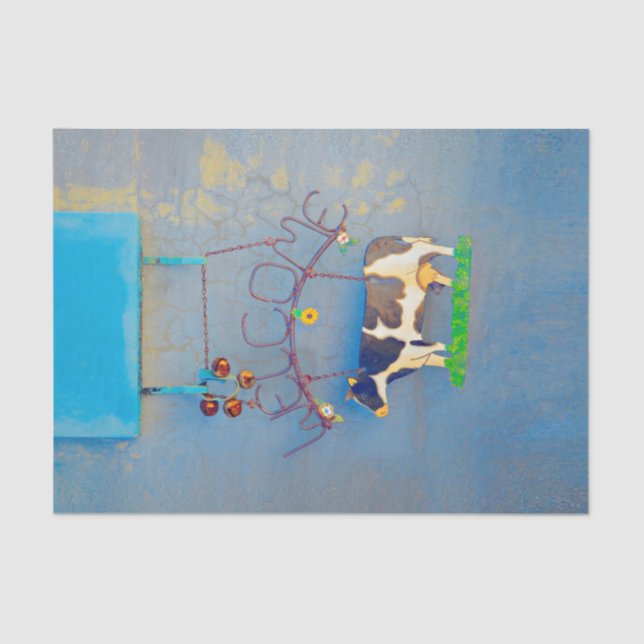 Papier Mousseline Vache Rustique Bleu Pays Western Farm Découpage (Recto)