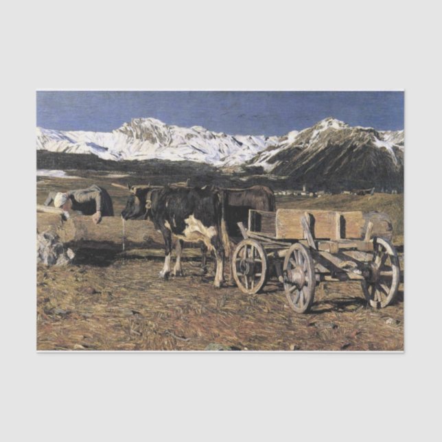 Papier Mousseline Vaches à l'étang de boisson par Giovanni Segantini (Recto)