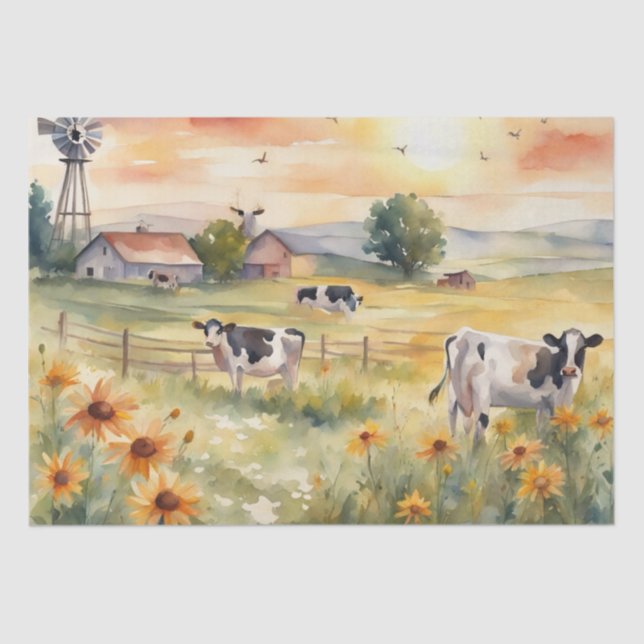 Papier Mousseline Vaches d'aquarelle dans le champ de fleur Papier d (Recto)