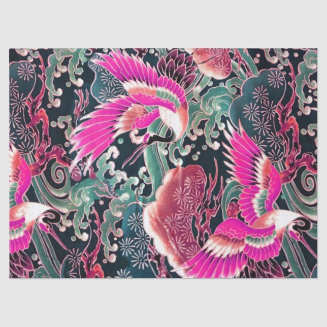 Papier Mousseline VAGUES DE CRANES VOLANTES, FLEURS Rose Floral Japo (Recto)