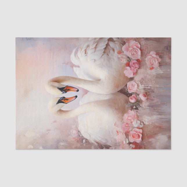Papier Mousseline Valentine Fleurs roses deux cygnes blancs (Recto)