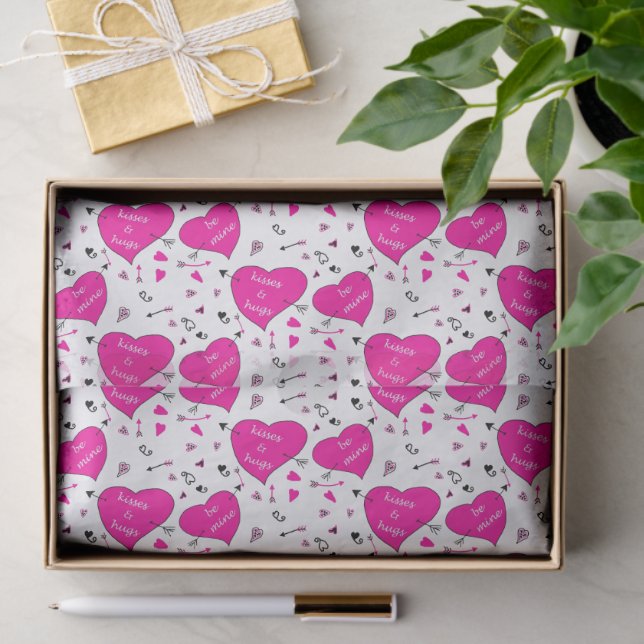 Papier Mousseline Valentine Hearts and Arrows Pink Pattern (Cadeau)