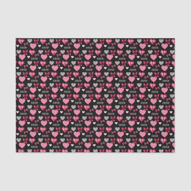Papier Mousseline Valentine's Day Hearts, Bows and XOXO Patterned (Recto)