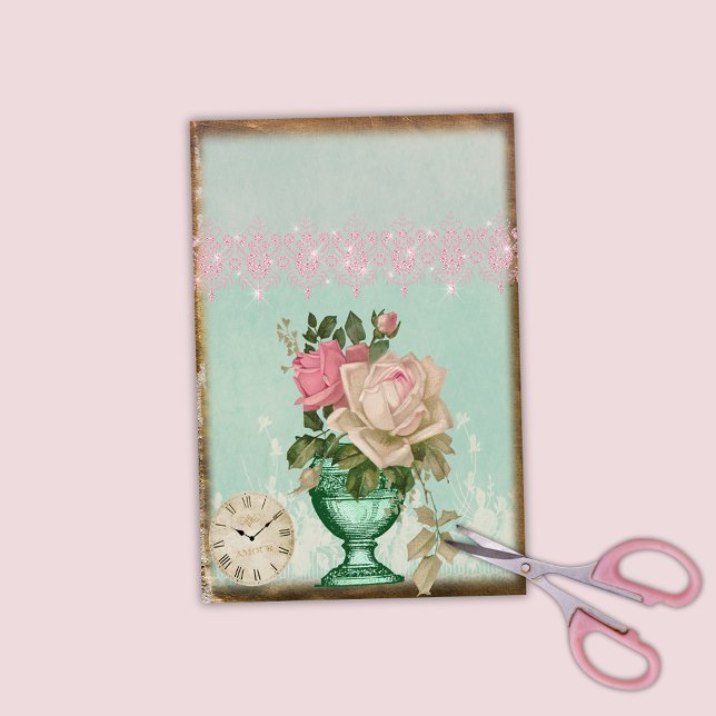 Papier Mousseline Vase antique Rose et horloge et dentelle rose (Créateur téléchargé)