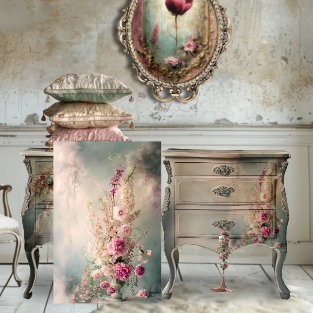 Papier Mousseline Vase Whimsical Dreamsical & Floral Still Life (Whimsical Floral, Romantic Still Life, French Interior, Vibrant Art, Decoupage Tissue Paper)