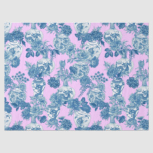 Papier Mousseline Vases chinoises bleues et Bouquet floral aquarelle