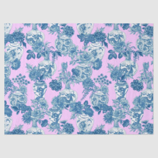 Papier Mousseline Vases chinoises bleues et Bouquet floral aquarelle