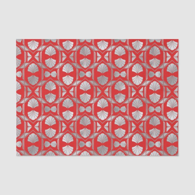 Papier Mousseline Ventilateur Art Déco Rouge Argent  (Recto)