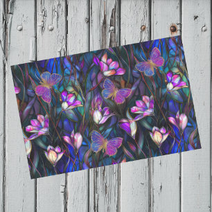 Papier Mousseline Verre bleu pourpre Tulipes Papillons