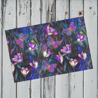 Papier Mousseline Verre bleu pourpre Tulipes Papillons
