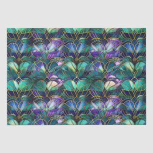 Papier Mousseline Verre turquoise, violet et or peacock