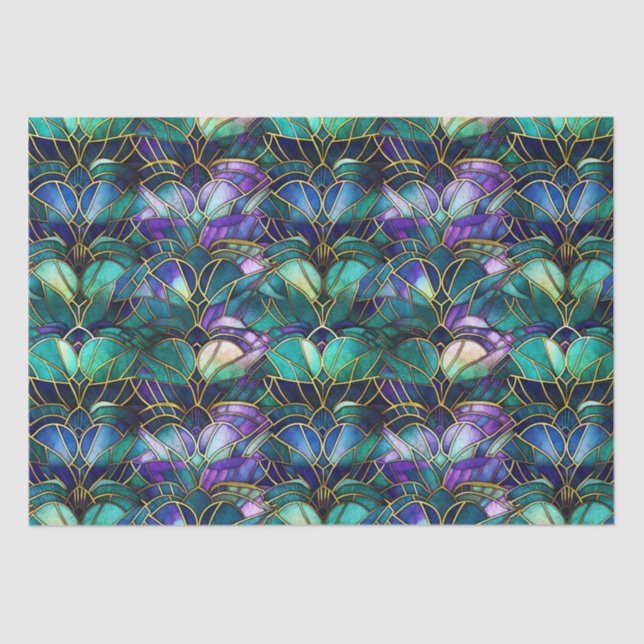Papier Mousseline Verre turquoise, violet et or peacock (Recto)