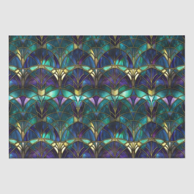 Papier Mousseline Verre turquoise, violet et or peacock (Recto)
