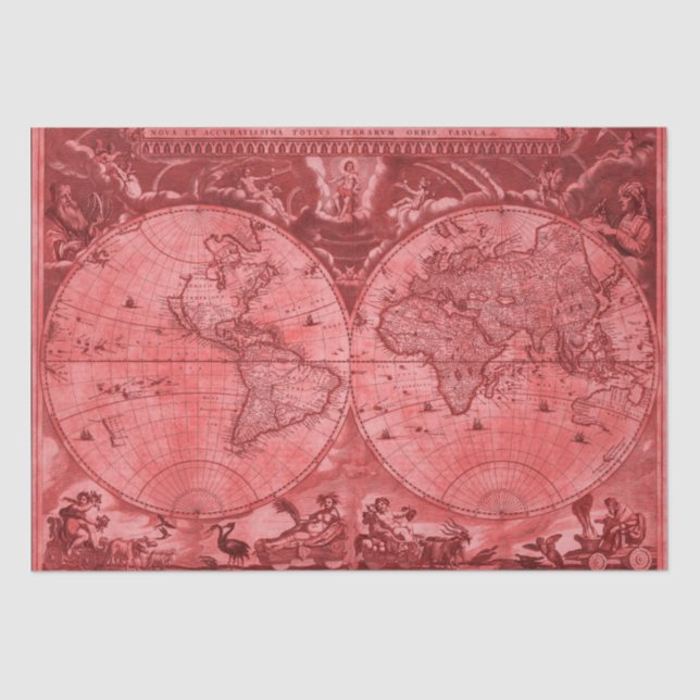 Papier Mousseline Version rouge Carte du monde antique J Blaeu 1664 (Recto)