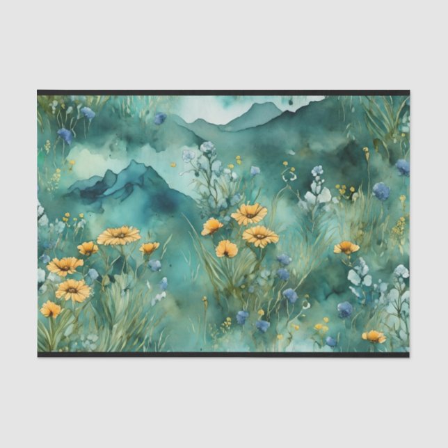 Papier Mousseline Vert doux paysage aquarelle fleurs sauvages (Recto)