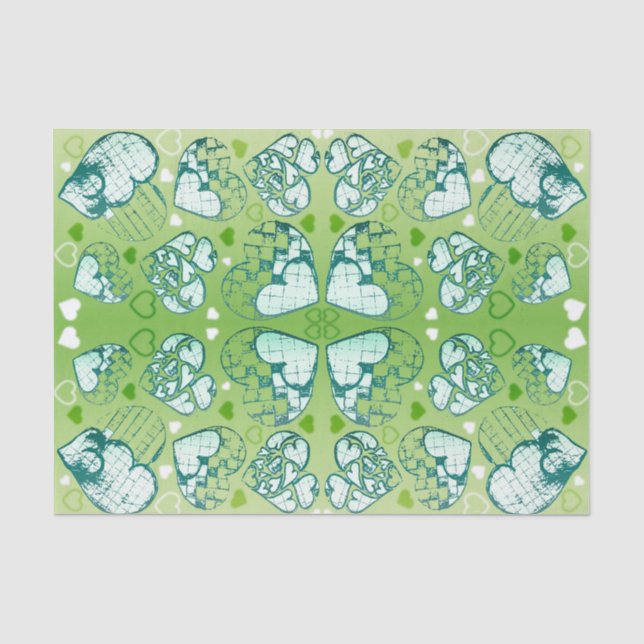 Papier Mousseline Vert et blanc Whimsical Romantique Coeurs motif (Recto)