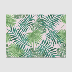 Papier Mousseline Vert feuillage tropical sur aquarelle rose